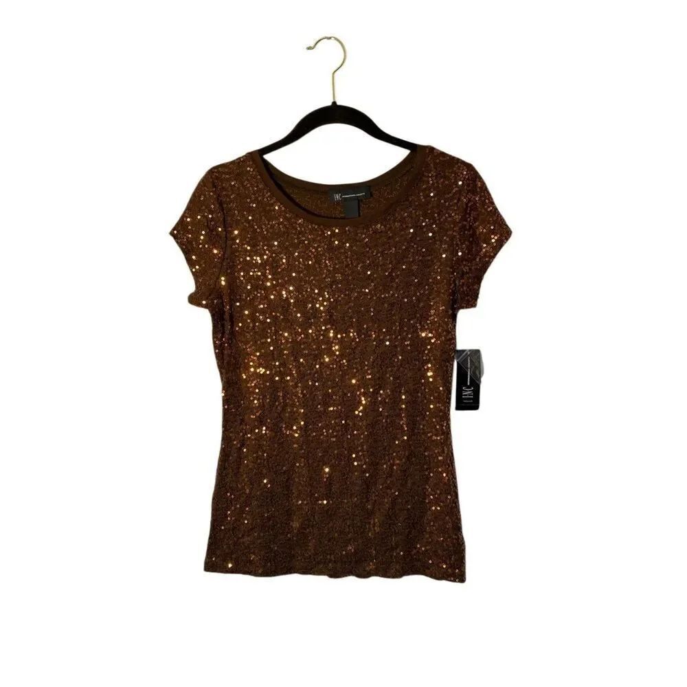 NWT INC women’s short sleeve brown sequin top S/S